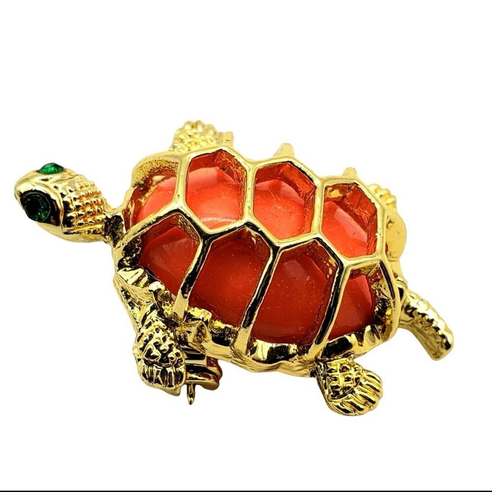 Gerrys Turtle Brooch Small Orange Lucite Tortoise Pin Vintage Signed Green Eyes